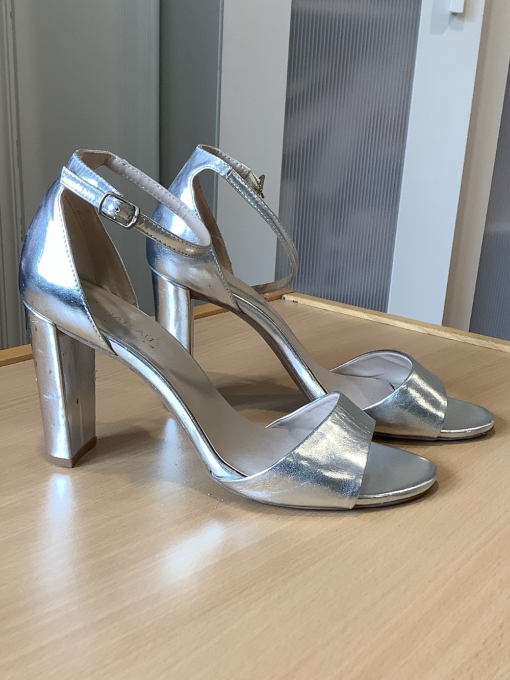 le chateau Silver Metallic Block Heel Ankle Strap Sandals